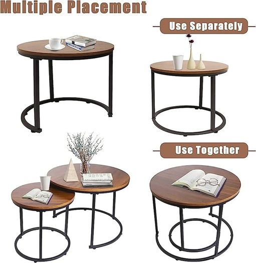 Round Coffee Table, Removable Set of 2 Side Table, Modern Nesting Table with Metal Frame Legs and Wooden Accent Top for Living Room, Bedroom, Office, Balcony, Industrial