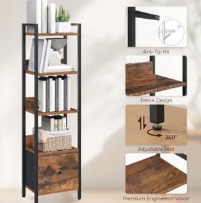 5-Tier Bookcase with Removable Drawer, Freestanding Book Shelf for Small Space, Storage Shelf Organizer, for Living Room, Bedroom, Study, Kitchen, Rustic Brown