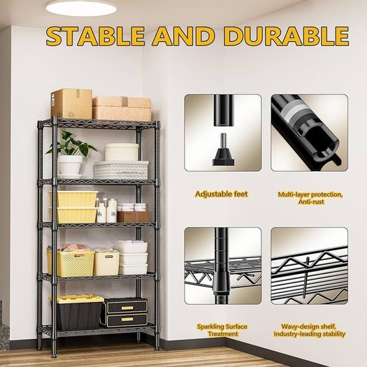 1250 lbs 5 Tier Shelf Metal Storage Shelves Shelving Wire Rack Heavy Duty Closet Organizers for Garage Kitchen Bathroom Laundry Black 35 x 75 x 151.1 cm