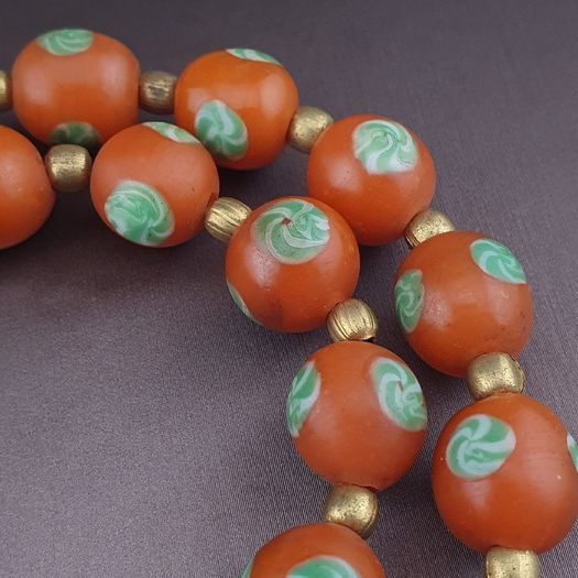 Vintage Venetian Style Orange Floral Glass With pumtek pyu Pendant Necklace