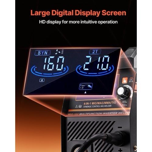 MIG Welder, 160A Synergic Mig Welding Machine, 4-in-1 Gas MIG/Flux Core MIG/Stick/Lift TIG Multi-Process Welder Machine with IGBT Inverter Technology and LCD Screen Display