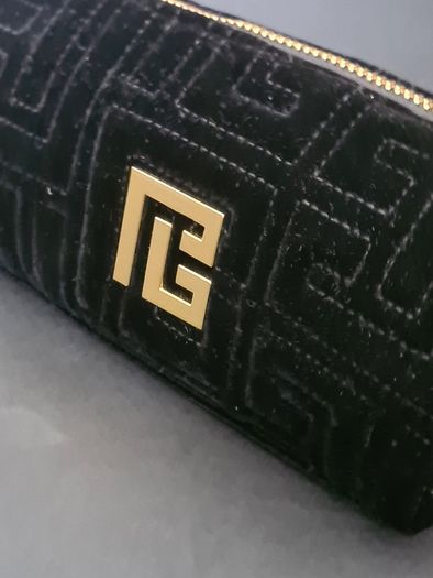 Balmain Black Quilted Velvet Cosmetic Bag, Gold Logo Luxury Pouch