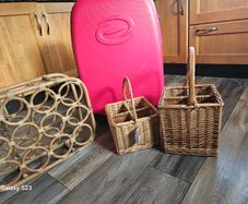 Vintage Wine baskets and wine rack and large hardshell  suitcase