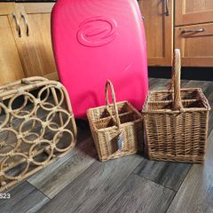 Vintage Wine baskets and wine rack and large hardshell  suitcase