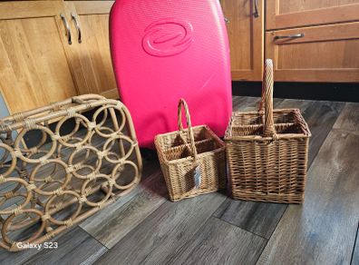 Vintage Wine baskets and wine rack and large hardshell  suitcase