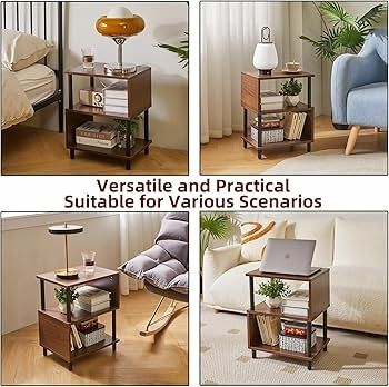 3 Tier Side End Table, Wooden Bedside Table, Modern Sofa Side End Table for Living Room/Bedroom/Small Space, Brown+Black Legs,