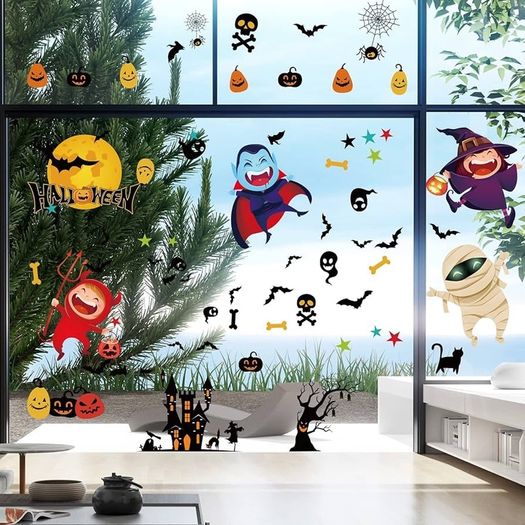 Window Stickers,moinkerin 65 Pieces Halloween Window Clings 8 Sheets Bat Spider Witch Window Decals Halloween Window Decorations for Halloween Party Decorations