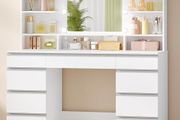 LED Large Dressing Table 3 Colours, Adjustable Brightness, Dressing Table with Mirror, 9 Drawers, 9 Open Shelves