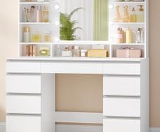 LED Large Dressing Table 3 Colours, Adjustable Brightness, Dressing Table with Mirror, 9 Drawers, 9 Open Shelves