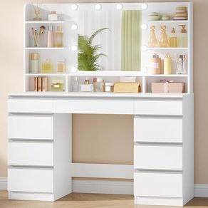 LED Large Dressing Table 3 Colours, Adjustable Brightness, Dressing Table with Mirror, 9 Drawers, 9 Open Shelves