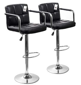 Black/Armrest 2 x Bar Stools with Backrest Height Adjustment, 360 Degree Rotation