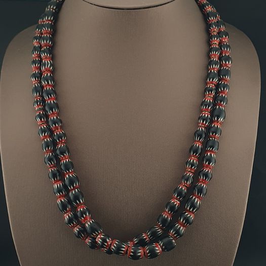 Antique Venetian Style Black Chevron Glass Beads Necklace Strand