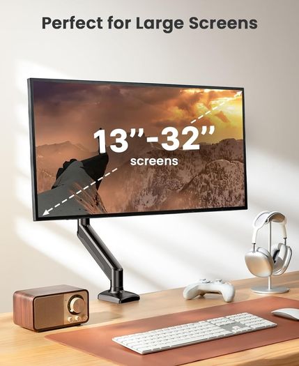 Single Monitor Arm for 13-32Screens, Ergonomic Height Adjustable Gas Spring Monitor Arm Bracket, VESA 75/100mm, 2 Mounting Options, Weight 1 kg to 6 kg