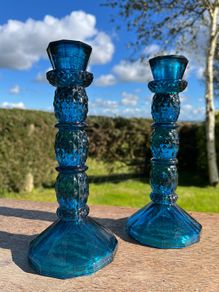 Pair of vintage cobalt blue glass candlestick holders 1970s