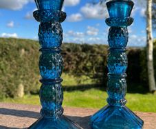 Pair of vintage cobalt blue glass candlestick holders 1970s