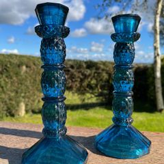 Pair of vintage cobalt blue glass candlestick holders 1970s