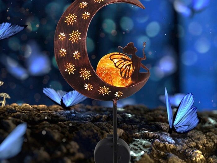 100cm Metal Fairy Sitting on Moon Solar Lights for Garden Ornaments Outdoor, Solar Stake with Crackle Glass Ball, Decorative Garden Gifts for Flowerbed, Walkway, Pathway