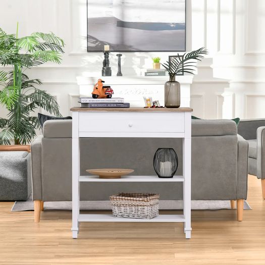 Console Table, 3-tier Hallway Table with Drawer and 2 Open Shelves, Retro Entry Table for Shoe Storage, White