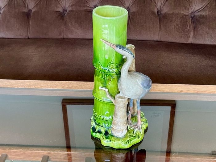 Antique Art Pottery Bretby Pottery 1890s Bamboo and Stork Large Spill Vase