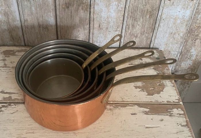 Set of 5 Vintage  Copper Saucepans with Brass Handles
