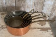 Set of 5 Vintage  Copper Saucepans with Brass Handles