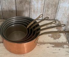 Set of 5 Vintage  Copper Saucepans with Brass Handles