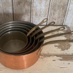 Set of 5 Vintage  Copper Saucepans with Brass Handles