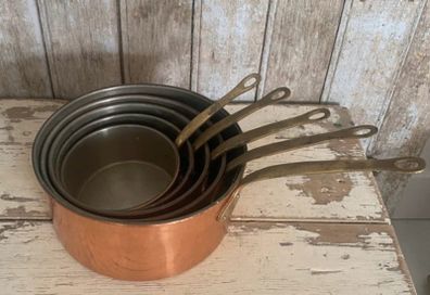 Set of 5 Vintage  Copper Saucepans with Brass Handles