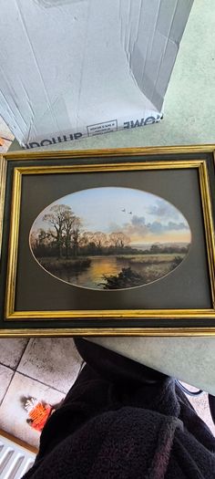 VINTAGE Framed landscape print featuring an oval matte aperture with a golden sunset or sunrise over a river, bare trees, and two birds flying in the sky.