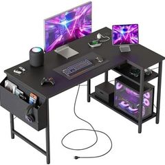 Small L Shaped Desk with Power Outlets 100 cm L Computer Corner Desks with Reversible Shelves