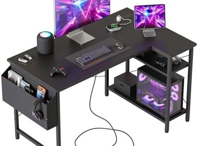 Small L Shaped Desk with Power Outlets 100 cm L Computer Corner Desks with Reversible Shelves