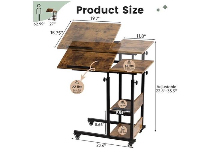 c shaped side table, sofa table with Charging Station, Adjustable Height, c table end table with Storage Space for Living Room, Bedroom, Small Space, Rustic Brown