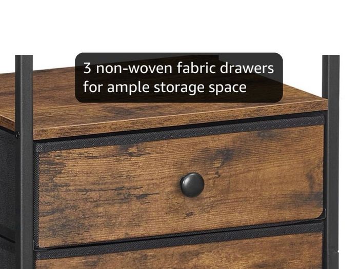 Bedside Table with Charging Station, End Table with 3 Fabric Drawers, Sofa Side Table with USB Ports and Socket, Nightstand for Bedroom, Living Room, Rustic Brown and Black