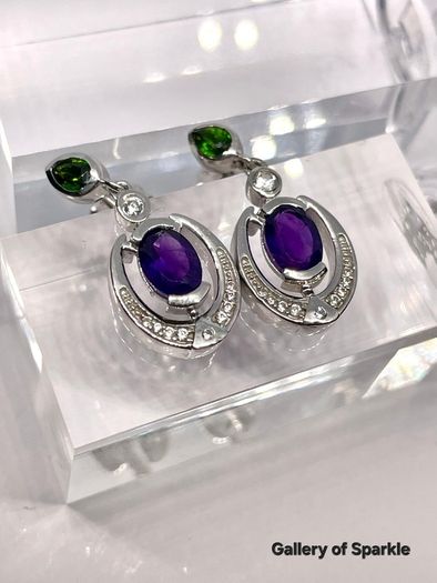 AAA African Amethyst, Natural Chrome Diopside & White Zircon Dangling Push Back Earring in Rhodium Overlay Sterling Silver