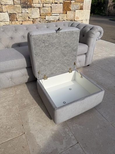 Beautiful grey chesterfield sofa & storage pouffe