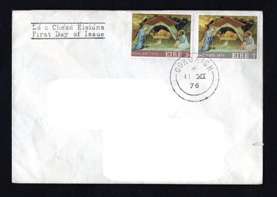 1976 Ireland 79 and 9p Christmas Commemorative Stamps Plain addressed First Day Cover (FDC) with Corcaigh (Cork) steele cancel.