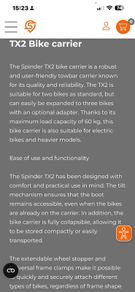 Tow bar mounted bike carrier
