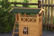 Cat House Outdoor w/ Balcony Stairs Roof, 77 x 50 x 73 cm, Natural Wood Finish