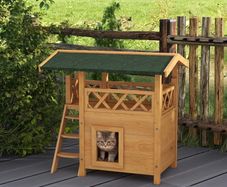 Cat House Outdoor w/ Balcony Stairs Roof, 77 x 50 x 73 cm, Natural Wood Finish