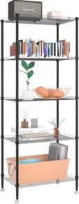 5 Tier Shelving Unit, VOONEEN Metal Shelving Unit Free Standing Small Storage Rack with 4 Hooks, Wire Organisation Racking Shelves for For Pantry Kitchen Bathroom Office,45x30x120 CM (BLACK 5TIER)
