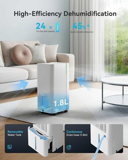 12L/Day Dehumidifiers for Home, Smart Electric Dehumidifier for Drying Clothes, Low Energy & Ultra-quiet, with Auto-Defrost & Humidity Sensor, 24-Timer, Continuous Drain