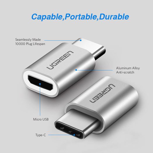 2 X Ugreen Aluminum Alloy OTG Micro USB (Female) to USB-C (Male) QC 3.0/2.0 Charger & Sync Convertor Adapter with Key Chain (Brand New/Warranty)