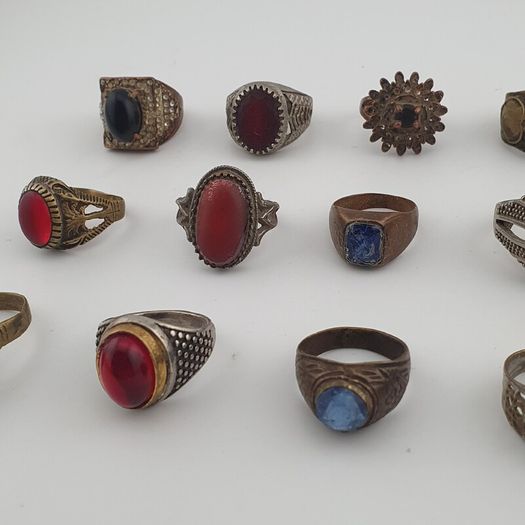 15 Antique Style Brass Rings Mixed Stone & Colourful Glass Accents