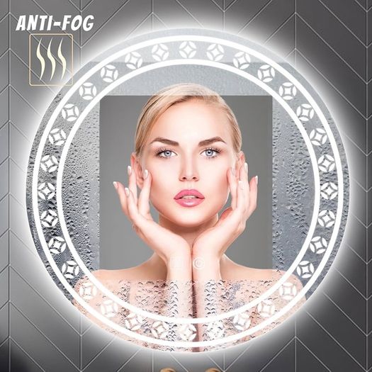NEW SALE | Patterned 500mm Round Bathroom Mirror Wall Mounted Mirror with LED Light, Sleekest Illuminated Vanity Mirror, Anti-Fog Large Circle Makeup Mirror, 3-Color Dimmable LED Light, IP44