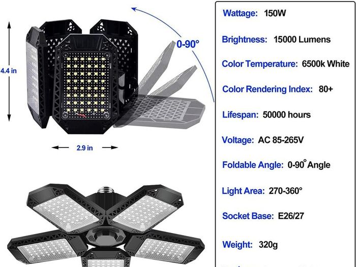 2 Pack Garage Light, 150W LED Lighting 5 Adjustable Panels, 15000LM Demable E27 Ceiling Lighting, Ultra Bright Lights Workshop Warehouse, Black (GOLEDLLT03UP)