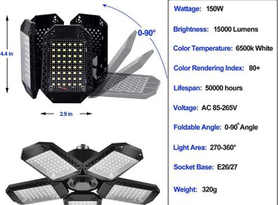 2 Pack Garage Light, 150W LED Garage Lighting with 5 Adjustable Panels, 15000LM Deformable E27 LED Garage Ceiling Lighting, Ultra Bright LED Garage Lights for Garage Workshop Warehouse