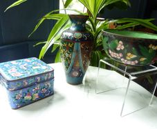 Vintage Chinese Cloisonne and Enamel Collection. Vase, Bowl and Trinket Box