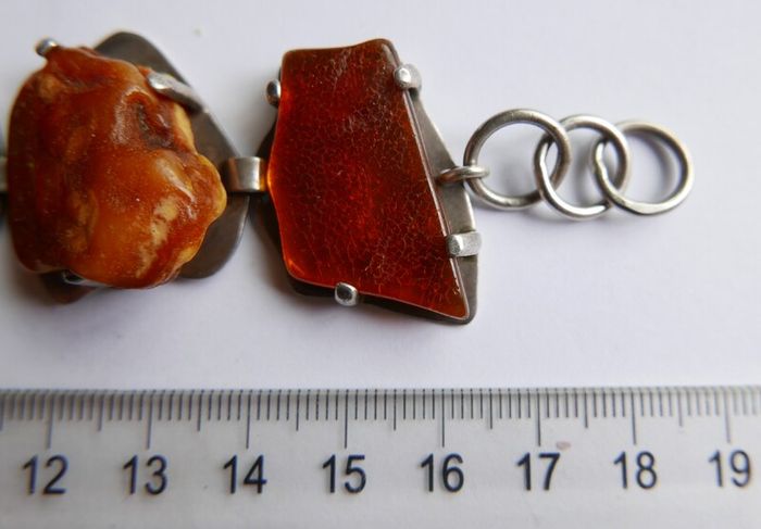 54.4gr giant UNIQUE Baltic Amber Bracelet, SET IN STERLING SILVER 925, Dark Honey Amber Chain and Link Bracelet with natural Inclusions