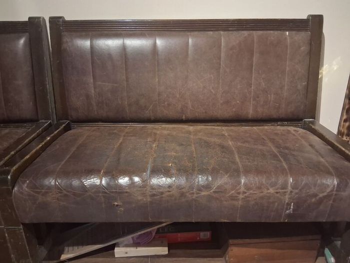 Vintage Solid Wood pub Leather Bench Seat Perfect for Bar or Man Cave