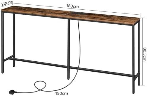 Console Table with Power Outlet, 180 cm Narrow Sofa Table, Industrial Entryway Table with USB Ports, Behind Couch Table for Entryway, Hallway, Foyer, Living Room, Rustic Brown